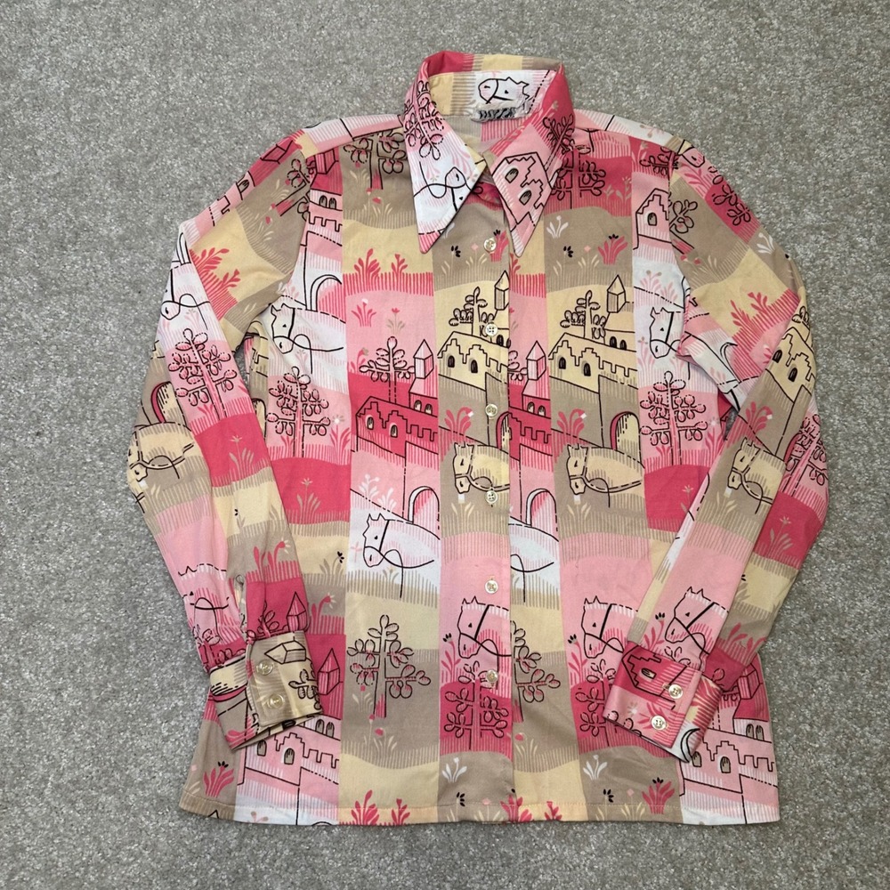 Trissi Vintage 70s Novelty Print Button Up Shirt Womens Medium Castle Horse